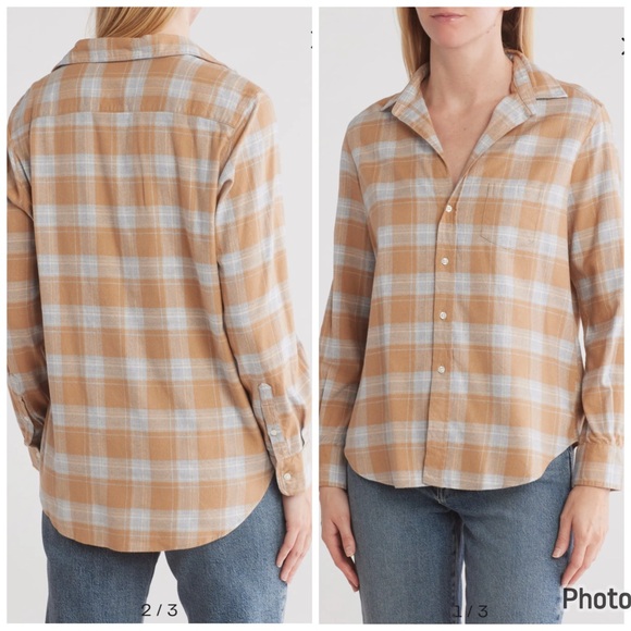 Frank &‎ Eileen Relaxed Cotton Button Up Shirt Plaid Tan Blue XS - Picture 1 of 5